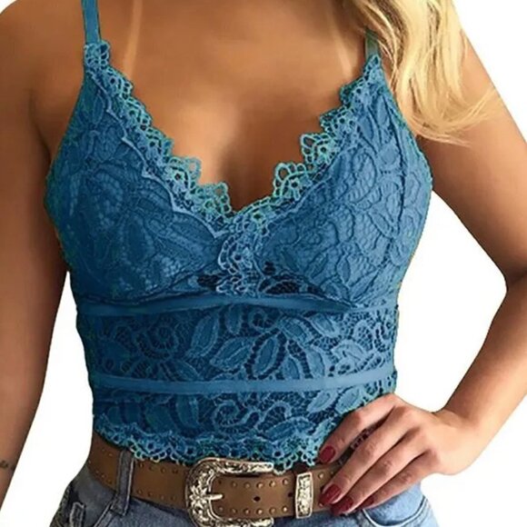LACE FLORAL BRALETTE V-NECK SPAGHETTI STRAP BLOUSE NEW - Picture 3 of 3